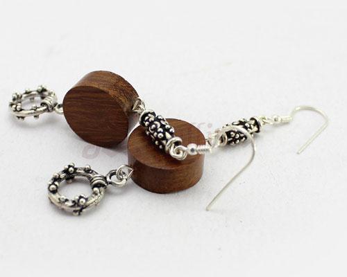 Round wooden bead earrings with silver circles