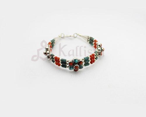 Coral & Turquoise Flower Silver bracelet