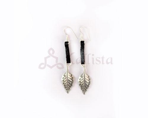 Leather earrings with Silver leaf-Black