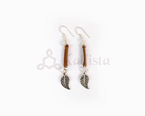 Brown leather earrings with Silver filigree leaf
