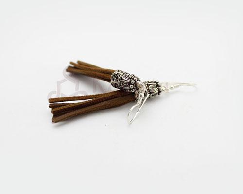 Silver & Leather tassel earrings-Brown