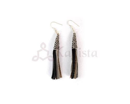 Silver & leather tassel earrings- Black & Grey