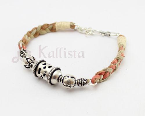 Silver Kanthi bead leather bracelets- Corel & beige