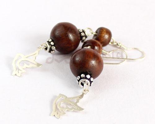 Wooden double bead earrings with silver dove