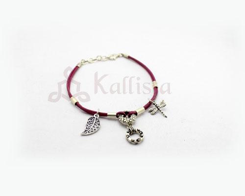 Pink leather bracelet with dangling Silver charms